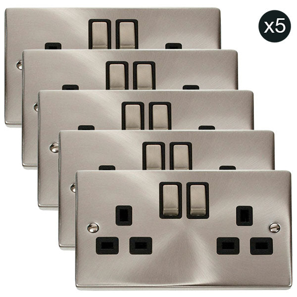 5 PACK - Satin Chrome 2 Gang 13A DP Ingot Twin Double Switched Plug Socket - Black Trim