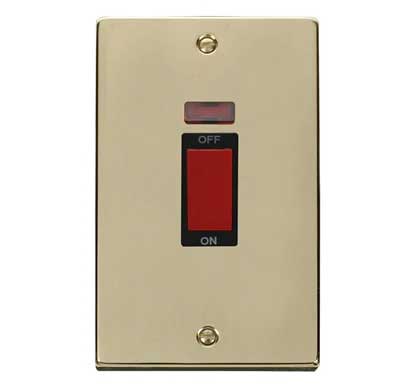 Polished Brass - Black Inserts Polished Brass 2 Gang Size 45A Switch With Neon - Black Trim