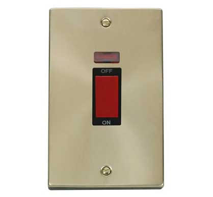 Satin Brass - Black Inserts Satin Brass 2 Gang Size 45A Switch With Neon - Black Trim