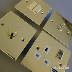 Polished Brass - White Inserts Polished Brass 10A 6 Gang 2 Way Light Switch - White Trim