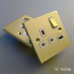 Polished Brass - White Inserts Polished Brass 10A 6 Gang 2 Way Light Switch - White Trim