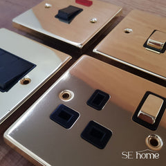 Polished Brass - Black Inserts Polished Brass 2 Gang 2 Way LED 100W Trailing Edge Dimmer Light Switch