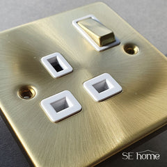 Satin Brass - White Inserts Satin Brass 13A Fused Ingot Connection Unit Switched With Neon With Flex - White Trim