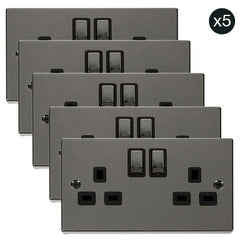 5 PACK - Black Nickel 2 Gang 13A DP Ingot Twin Double Switched Plug Socket - Black Trim