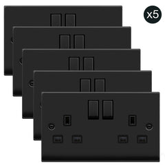 5 PACK - Matt Black 2 Gang 13A DP Ingot Twin Double Switched Plug Socket - Black Trim