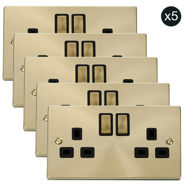 5 PACK - Satin Brass 2 Gang 13A DP Ingot Twin Double Switched Plug Socket - Black Trim