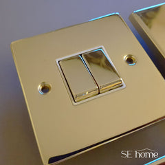 Polished Brass - White Inserts Polished Brass 10A 1 Gang 2 Way Ingot Light Switch - White Trim