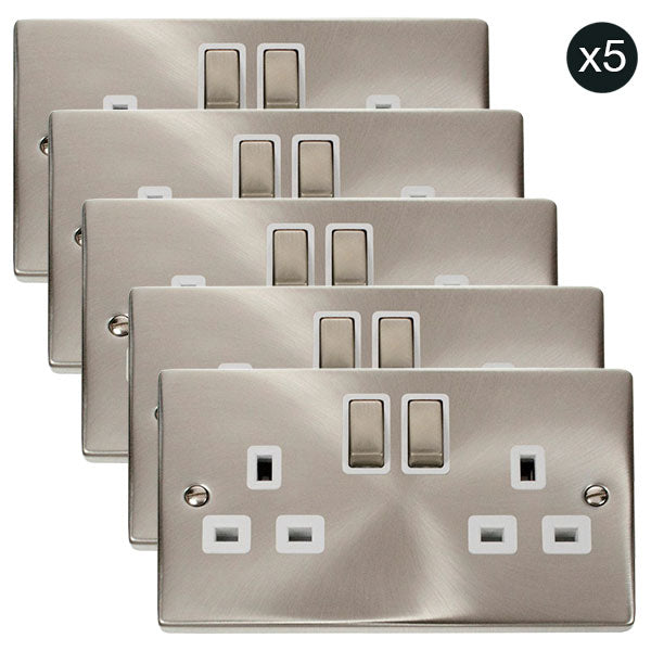 5 PACK - Satin Chrome 2 Gang 13A DP Ingot Twin Double Switched Plug Socket - White Trim