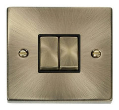 Antique Brass - Black Inserts Antique Brass 10A 2 Gang 2 Way Ingot Light Switch - Black Trim