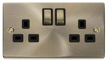 Antique Brass - Black Inserts Antique Brass 2 Gang 13A DP Ingot Twin Double Switched Plug Socket - Black Trim