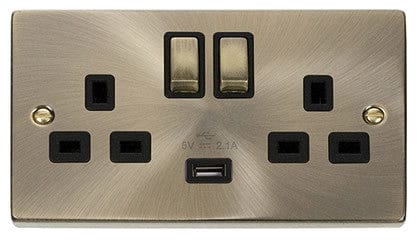 Antique Brass - Black Inserts Antique Brass 2 Gang 13A DP Ingot 1 USB Twin Double Switched Plug Socket - Black Trim