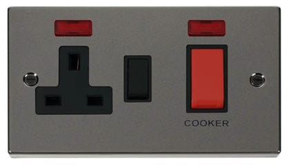 Black Nickel - Black Inserts Black Nickel Cooker Control 45A With 13A Switched Plug Socket & 2 Neons - Black Trim