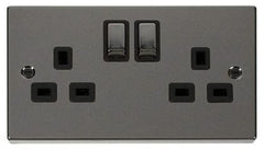 Black Nickel - Black Inserts Black Nickel 2 Gang 13A DP Ingot Twin Double Switched Plug Socket - Black Trim