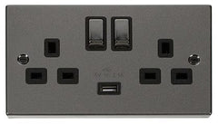 Black Nickel - Black Inserts Black Nickel 2 Gang 13A DP Ingot 1 USB Twin Double Switched Plug Socket - Black Trim