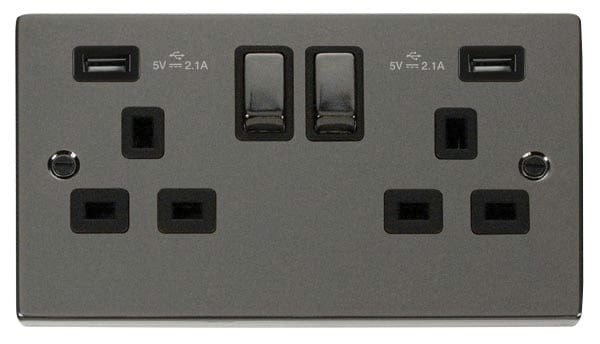 Black Nickel - Black Inserts Black Nickel 2 Gang 13A DP Ingot 2 USB Twin Double Switched Plug Socket - Black Trim