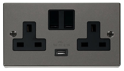 Black Nickel - Black Inserts Black Nickel 2 Gang 13A 1 USB Twin Double Switched Plug Socket - Black Trim