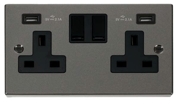 Black Nickel - Black Inserts Black Nickel 2 Gang 13A 2 USB Twin Double Switched Plug Socket - Black Trim