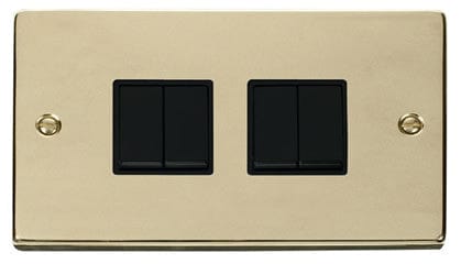 Polished Brass - Black Inserts Polished Brass 10A 4 Gang 2 Way Light Switch - Black Trim