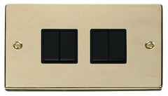 Polished Brass - Black Inserts Polished Brass 10A 4 Gang 2 Way Light Switch - Black Trim