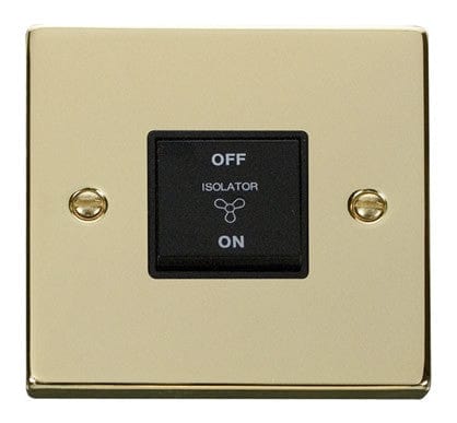 Polished Brass - Black Inserts Polished Brass 10A 3 Pole Fan Isolation Switch - Black Trim