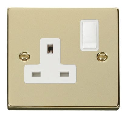 Polished Brass - White Inserts Polished Brass 1 Gang 13A DP Switched Plug Socket - White Trim