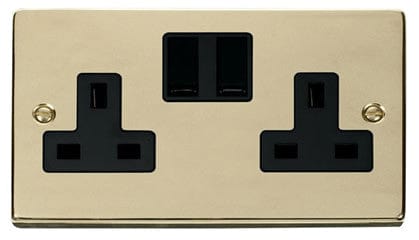 Polished Brass - Black Inserts Polished Brass 2 Gang 13A Twin Double Switched Plug Socket - Black Trim