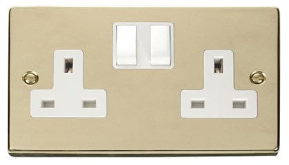 Polished Brass - White Inserts Polished Brass 2 Gang 13A Twin Double Switched Plug Socket - White Trim