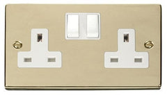 Polished Brass - White Inserts Polished Brass 2 Gang 13A Twin Double Switched Plug Socket - White Trim