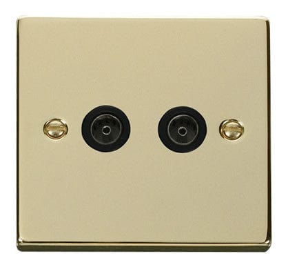 Polished Brass - Black Inserts Polished Brass 2 Gang Twin Coaxial TV Socket - Black Trim