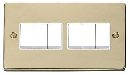 Polished Brass - White Inserts Polished Brass 10A 6 Gang 2 Way Light Switch - White Trim