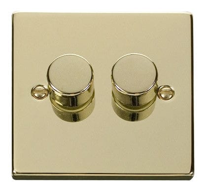 Polished Brass - Black Inserts Polished Brass 2 Gang 2 Way LED 100W Trailing Edge Dimmer Light Switch