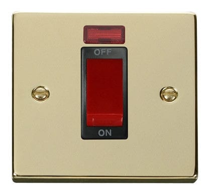 Polished Brass - Black Inserts Polished Brass 1 Gang Size 45A Switch With Neon - Black Trim