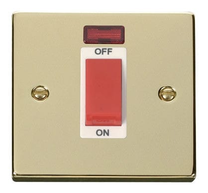 Polished Brass - White Inserts Polished Brass 1 Gang Size 45A Switch With Neon - White Trim