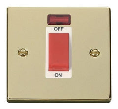 Polished Brass - White Inserts Polished Brass 1 Gang Size 45A Switch With Neon - White Trim