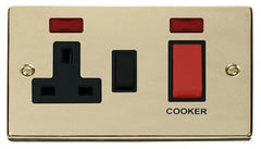 Polished Brass - Black Inserts Polished Brass Cooker Control 45A With 13A Switched Socket & 2 Neons - Black Trim