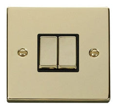 Polished Brass - Black Inserts Polished Brass 10A 2 Gang 2 Way Ingot Light Switch - Black Trim