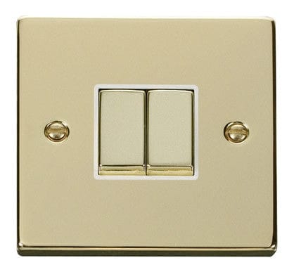 Polished Brass - White Inserts Polished Brass 10A 2 Gang 2 Way Ingot Light Switch - White Trim