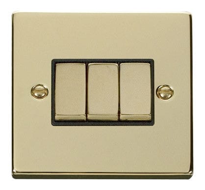 Polished Brass - Black Inserts Polished Brass 10A 3 Gang 2 Way Ingot Light Switch - Black Trim