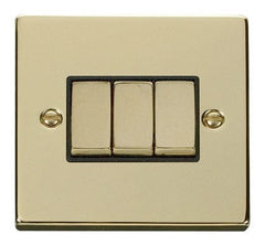 Polished Brass - Black Inserts Polished Brass 10A 3 Gang 2 Way Ingot Light Switch - Black Trim