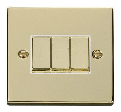 Polished Brass - White Inserts Polished Brass 10A 3 Gang 2 Way Ingot Light Switch - White Trim