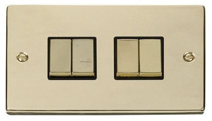 Polished Brass - Black Inserts Polished Brass 10A 4 Gang 2 Way Ingot Light Switch - Black Trim