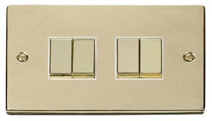 Polished Brass - White Inserts Polished Brass 10A 4 Gang 2 Way Ingot Light Switch - White Trim