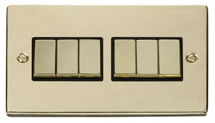 Polished Brass - Black Inserts Polished Brass 10A 6 Gang 2 Way Ingot Light Switch - Black Trim