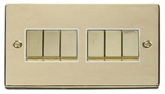 Polished Brass - White Inserts Polished Brass 10A 6 Gang 2 Way Ingot Light Switch - White Trim