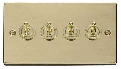 Polished Brass - Black Inserts Polished Brass 4 Gang 2 Way 10AX Toggle Light Switch