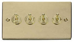 Polished Brass - Black Inserts Polished Brass 4 Gang 2 Way 10AX Toggle Light Switch