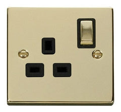 Polished Brass - Black Inserts Polished Brass 1 Gang 13A DP Ingot Switched Plug Socket - Black Trim