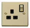 Polished Brass - Black Inserts Polished Brass 1 Gang 13A DP Ingot Switched Plug Socket - Black Trim