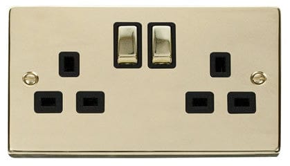 Polished Brass - Black Inserts Polished Brass 2 Gang 13A DP Ingot Twin Double Switched Plug Socket - Black Trim