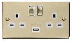 Polished Brass - White Inserts Polished Brass 2 Gang 13A DP Ingot 1 USB Twin Double Switched Plug Socket - White Trim